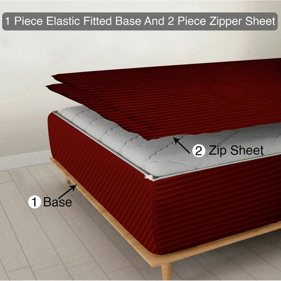 Zipper Fitted Sheet, (Twin Size 39x75) 8 Inch Deep Pocket, 100% Egyptian Cotton, 800 TC, Stripe Burgundy Color.