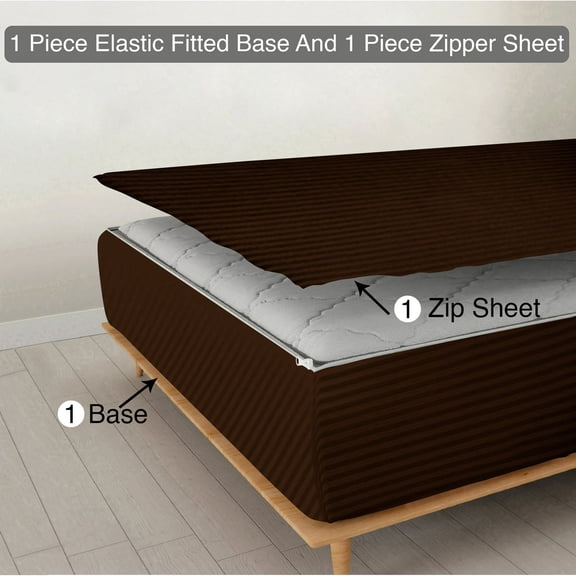 Zipper Fitted Sheet, (Twin Size 39x75) - Includes (1 Elastic Fitted Sheet Base And 1 Sheet has Zipper) 6 Inch Deep Pocket, 100% Egyptian Cotton, 800 TC, Stripe Chocolate.