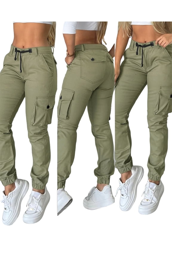 Zipper Fly Drawstring Elastic Back Waist Cuffed Trousers Casual Multiple Flap Pockets Design Cargo Pants