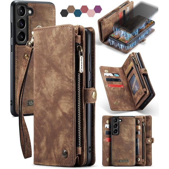 Zipper Folio Leather Case Compatible with Samsung Galaxy S23+Plus,Case Wallet with Card Holder Strap Wristlet Detachable Magnetic Protective Back Case for Galaxy S23+ Plus