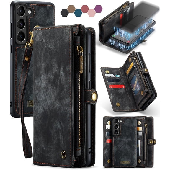 Zipper Folio Leather Case Compatible with Samsung Galaxy S23+Plus,Case Wallet with Card Holder Strap Wristlet Detachable Magnetic Protective Back Case for Galaxy S23+ Plus