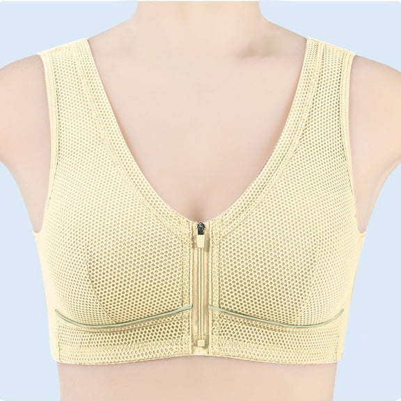 Zipper Front Closure Bras for Women Breathable Mesh V-Neck Wide Straps Everyday Push up Bras No Underwire