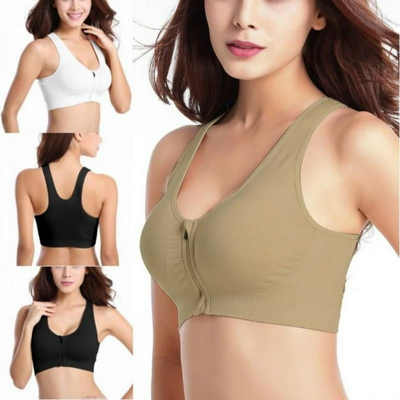 Zipper Front Closure Push Up Racerback Yoga Sports Bras for Women,Comfortable Wirefree Post-Surgery Bra Skin color 2XL