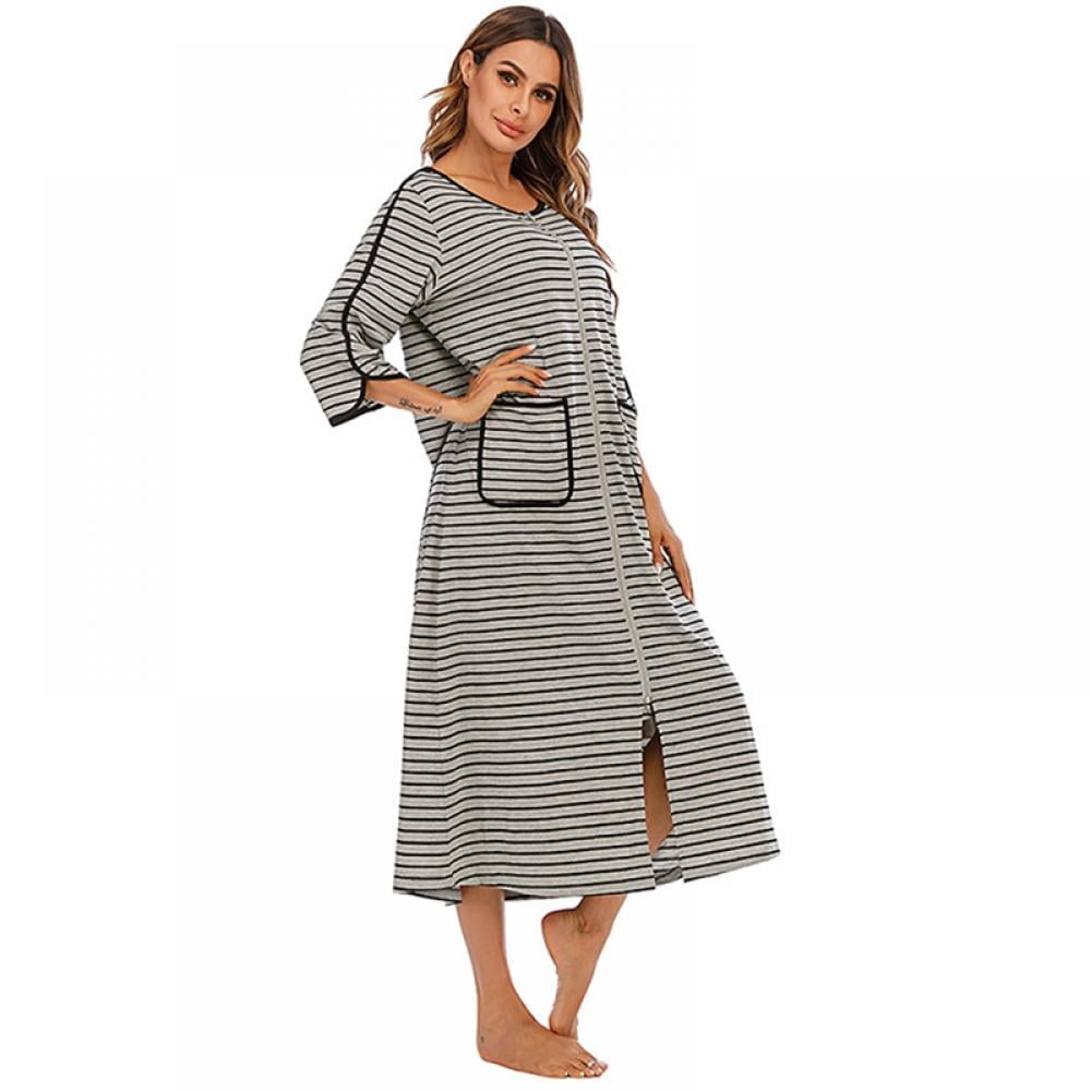 Zipper Front Robes Women House Coat Half Sleeve Loungewear Long Nightgown with Pockets S-XXL