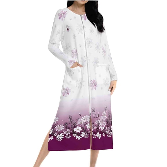 Zipper Front Robes for Women Trendy Graphic Floarl Print House Coat Long Sleeve Loungewear Full Lenght Nightgown with Pockets