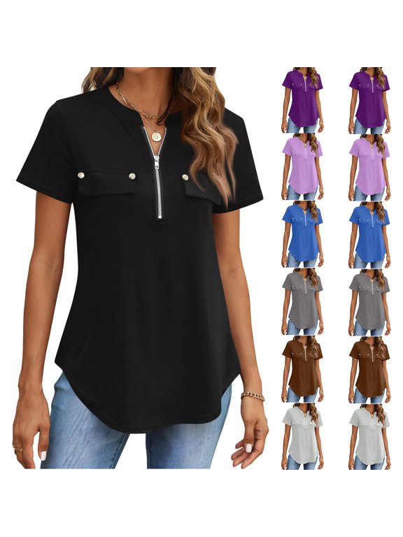 Zipper Front Short Sleeve Tunic Top for Women, Mock Pocket Stand Collar Shirt with Curved Hem - Casual Loose Fit Summer Blouse Purple L