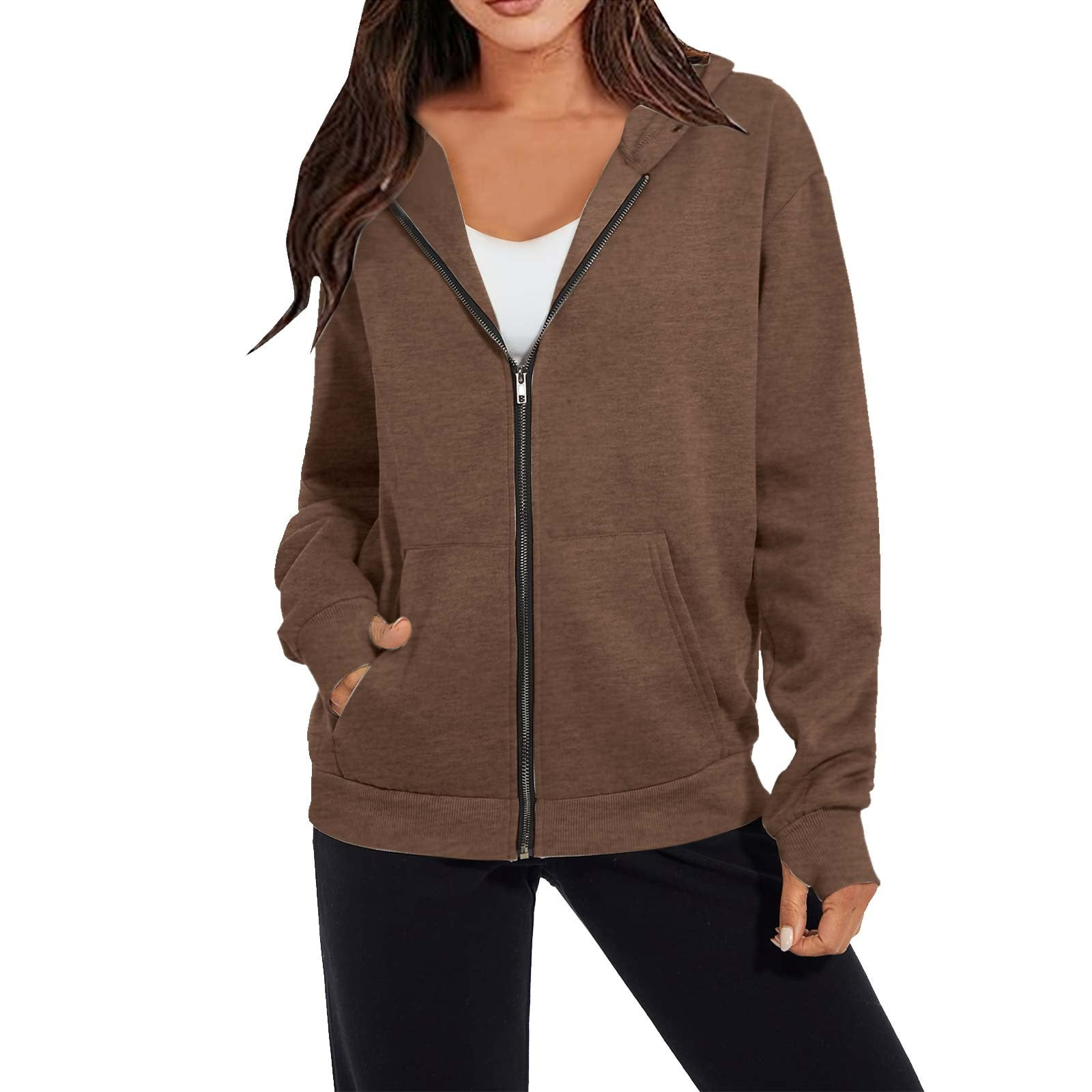 Zipper Hoodie and Sweatshirt Womens Long Sleeve Thumb Holes Full Zip-up  Jackets with Hood Pockets Plain Outwear (Medium, Black) 
