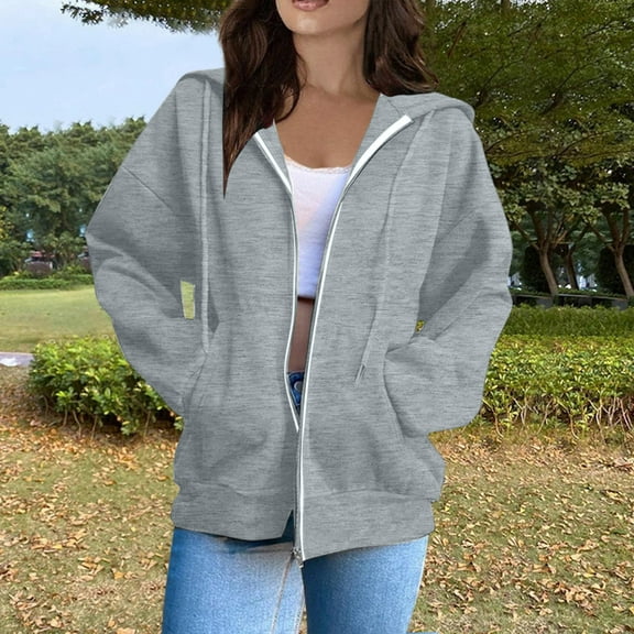 Zipper Hoodies For Women Trendy Y2K Long Sleeve Sweatshirts Fall Oversized Jackets Winter Clothes With Pockets Light Gray M