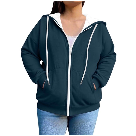 Zipper Hoodies for Women, Drawstring Loose Hooded Sweater Jackets, Fall Casual Tops