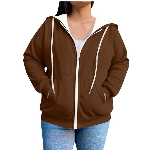Zipper Hoodies for Women, Drawstring Loose Hooded Sweater Jackets, Fall Casual Tops