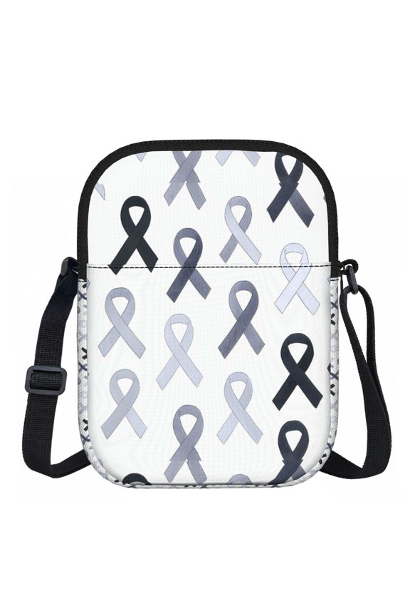 Zipper Inclined Shoulder Bag 5.9 X 11.8 In Portable Water Resistant To Delimit No Smell Inside Soft Zipper Opening And Closing Cancer Awareness Ribbon Pattern - Grayscale Modern