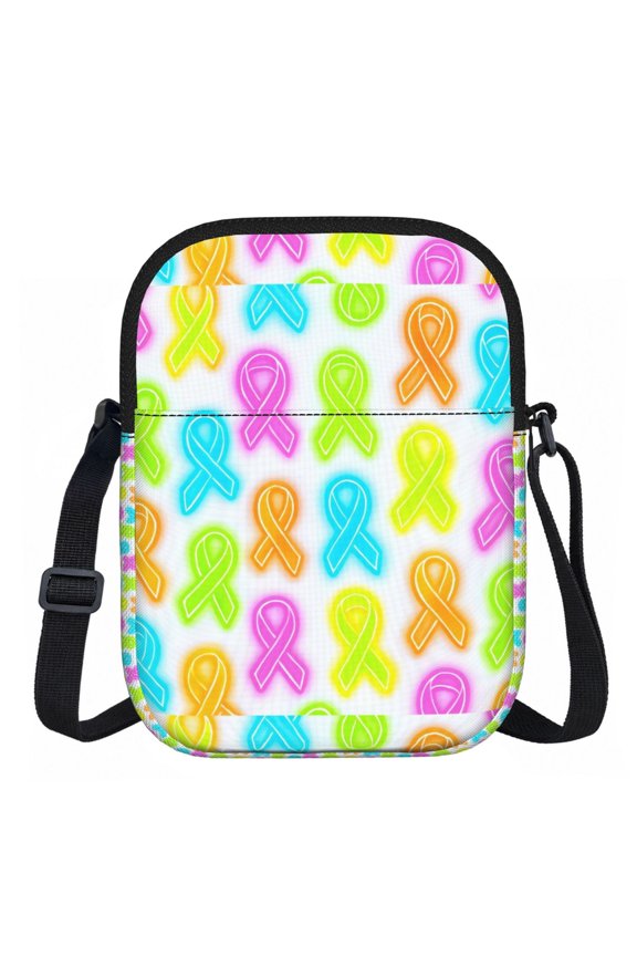 Zipper Inclined Shoulder Bag 5.9 X 11.8 In Portable Water Resistant To Delimit No Smell Inside Soft Zipper Opening And Closing Cancer Awareness Ribbon Pattern - Neon Vibrance
