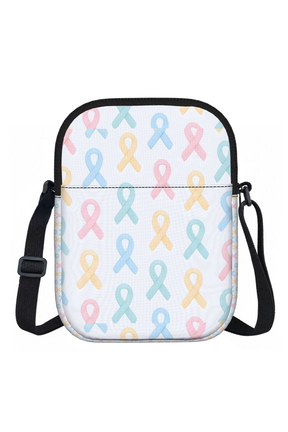 Zipper Inclined Shoulder Bag 5.9 X 11.8 In Portable Water Resistant To Delimit No Smell Inside Soft Zipper Opening And Closing Cancer Awareness Ribbon Pattern - Soft Multicolor