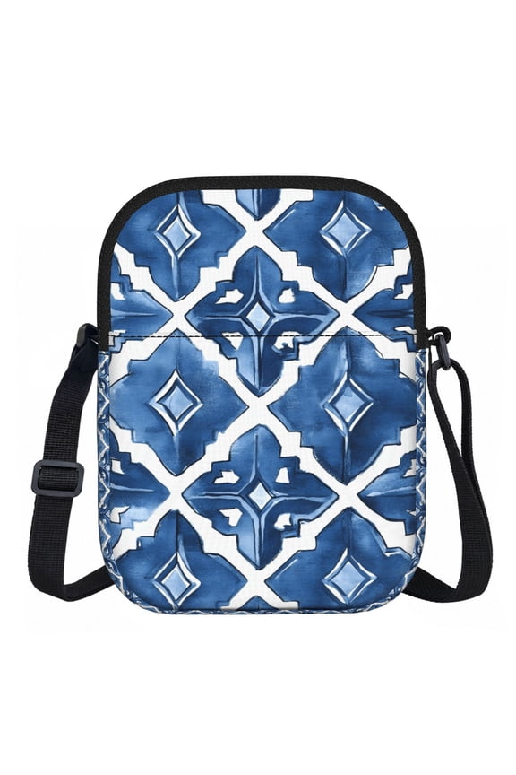 Zipper Inclined Shoulder Bag 5.9 X 11.8 In Portable Water Resistant To Delimit No Smell Inside Soft Zipper Opening And Closing Indigo Moroccan Trellis Hand-Drawn Sketch_2