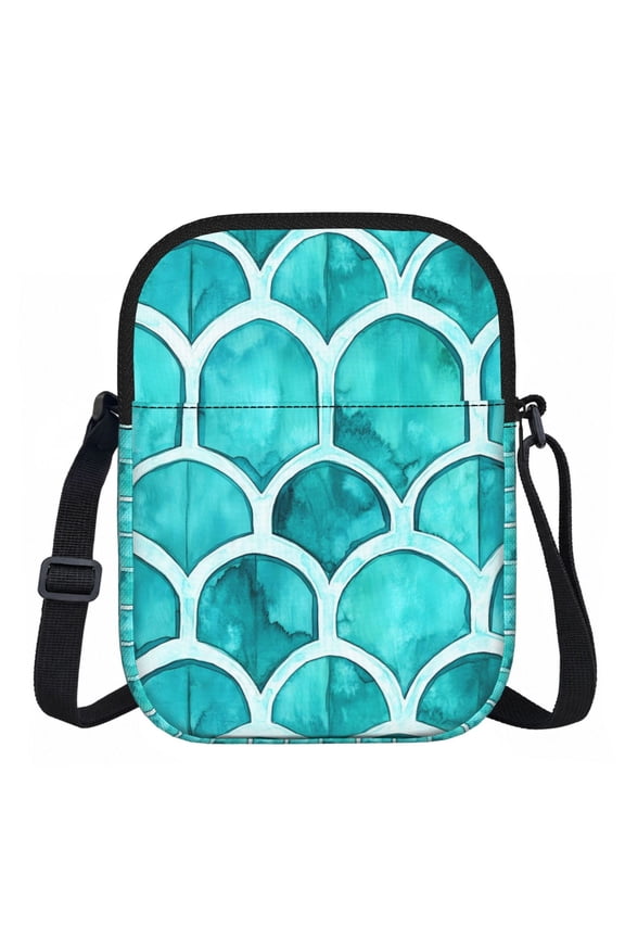Zipper Inclined Shoulder Bag 5.9 X 11.8 In Portable Water Resistant To Delimit No Smell Inside Soft Zipper Opening And Closing Turquoise Moroccan Trellis Hand-Drawn Sketch_2