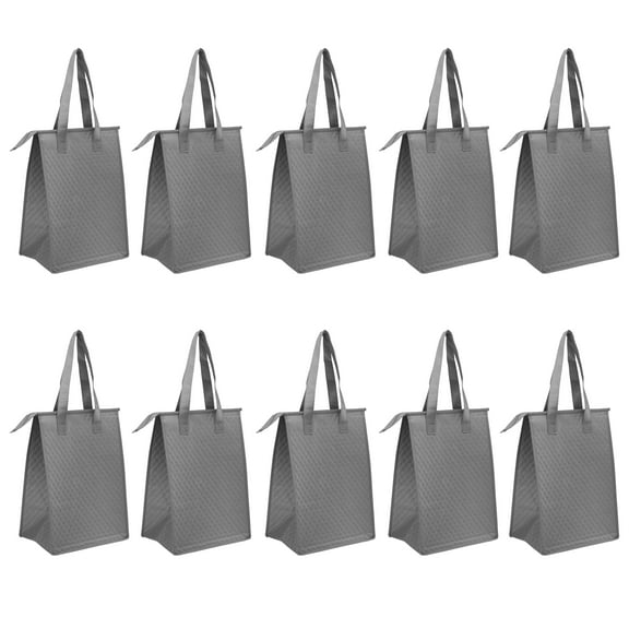 Zipper Insulated Lunch Tote Bags Set of 10, Bulk Pack - Perfect for Work, School, Travel, Outdoor Events - Grey
