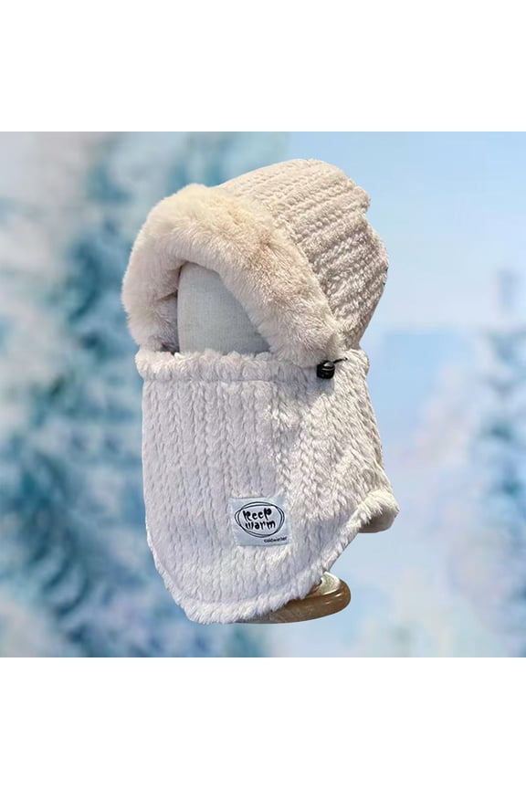 Zipper Integrated Face Mask Hat with Fuzzy Trim, 2025 Winter Fleece Balaclava for Men and Women, Cold Weather Windproof Beanie for Outdoor Activities, Travel, and Daily Commute - Beige