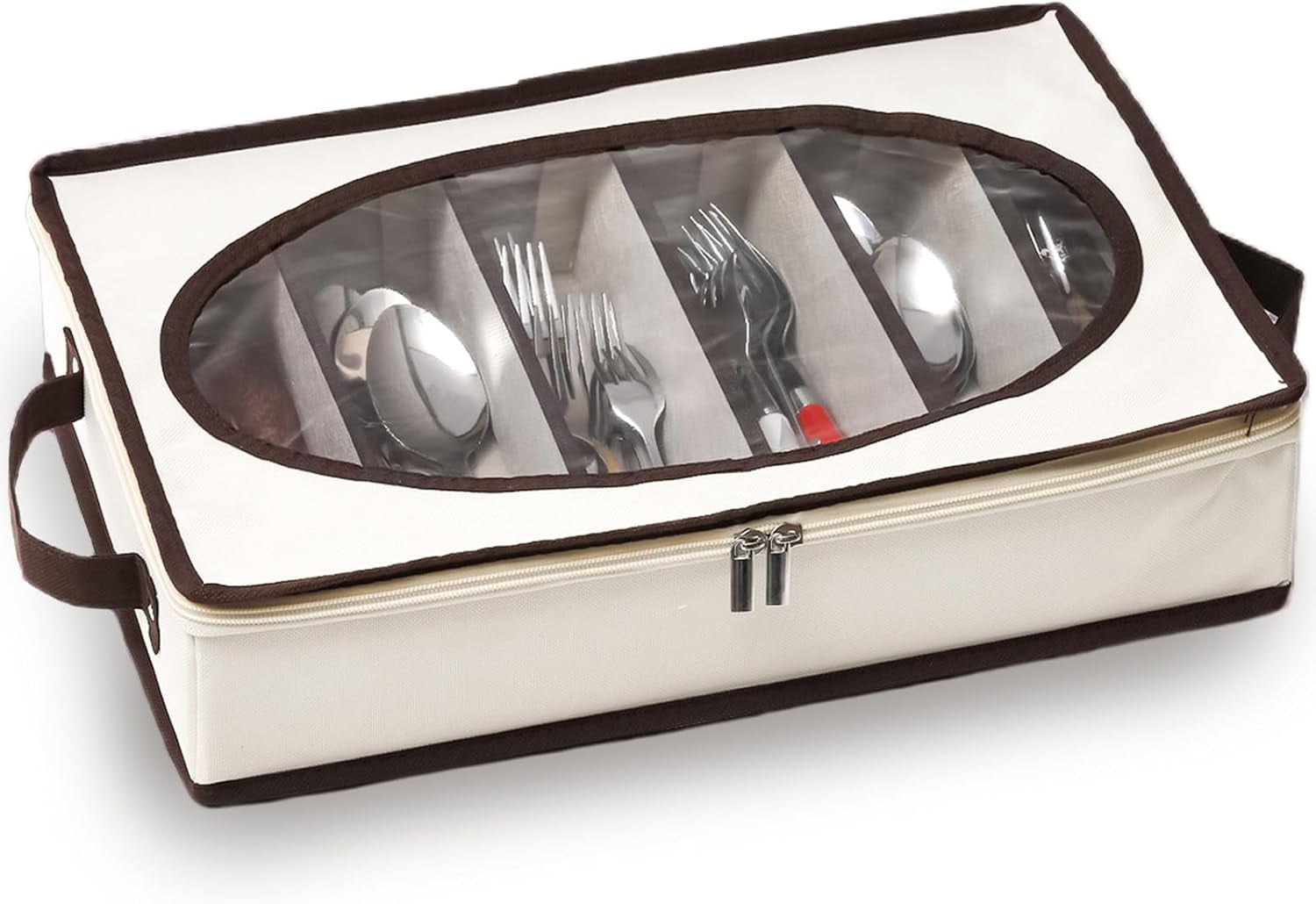 with Zipper Lid, 16.5"×10.6"×3.5" Flatware Storage Box with Adjustable Dividers and Handles, Portable Cutlery Holder Utensil Case for Spoon, Fork, Knife, 6 Compartment
