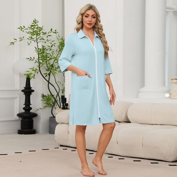 Zipper Lightweight Robes for Women 3/4 Length Sleeve Summer Bathrobes for Women Zip Up Front Knee Length Loose Fit Sleepwear Nightgown with Pockets Light Blue XXL