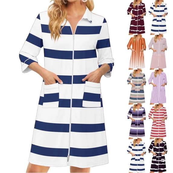 Zipper Lightweight Robes for Women 3/4 Length Sleeve Summer Housecoats for Women Zipper Front Knee Length Striped Loose Fit Sleepwear Nightgown with Pockets Blue XXXL