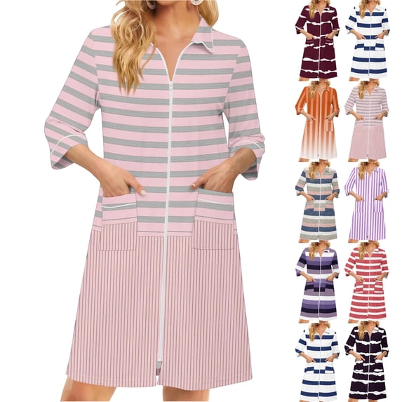 Zipper Lightweight Robes for Women Soft Summer Housecoats for Women Zip Up Front 3/4 Length Sleeve Knee Length Striped Fashion Sleepwear Nightgown with Pockets Multicolor XXL