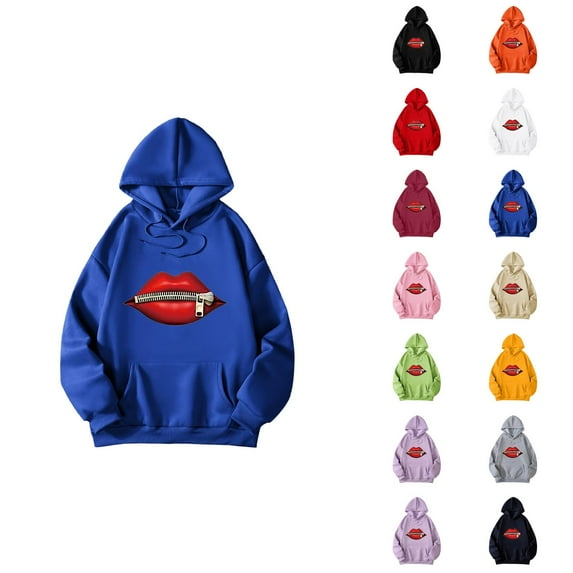 Zipper Lips Graphic Hoodies for Women Fall Winter Long Sleeve Casual Oversized Hooded Sweatshirt Pullover with Pockets