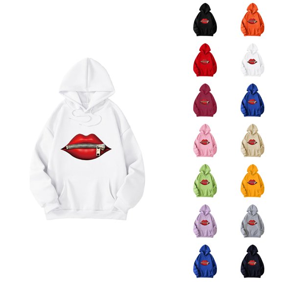 Zipper Lips Graphic Hoodies for Women Fall Winter Long Sleeve Casual Oversized Hooded Sweatshirt Pullover with Pockets