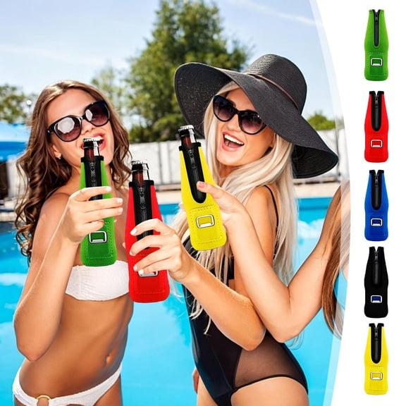 Zipper Neoprene Beer Bottle Cooler Sleeve with Built-In Bottle Opener, Insulated Cover for 330ml Standard Beer Bottles, Practical Accessory for Outdoor Barbecue, Beach Party and Picnic