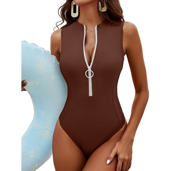 Zipper One Piece Swimsuit for Womens Racerback Modest Swimming Suit High Neck Monkini Swimwear