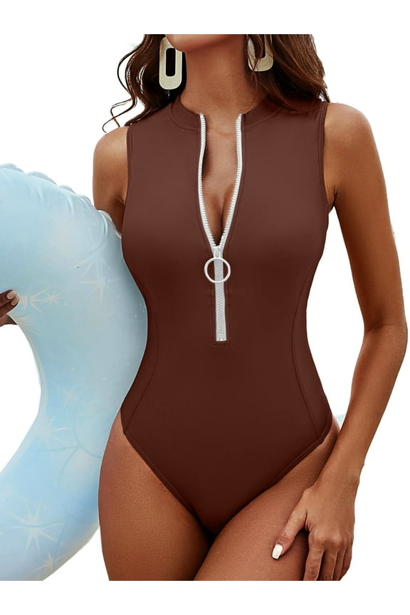 Zipper One Piece Swimsuit for Womens Racerback Modest Swimming Suit High Neck Monkini Swimwear