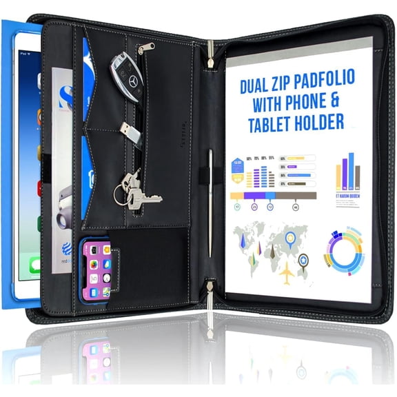 Zipper Padfolio Portfolio Binder Organizer | Faux Leather for Resume, Documents, Phone, Tablet, Business Supplies and Cards Notebook with Letter Sized Notepad Included