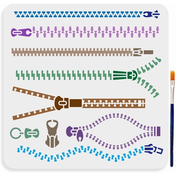 Zipper Painting Template 11.8x11.8inches Multiple Reusable Zipper Pattern Templates 9 Garment Zipper Closure PET Hollow Out Drawings for DIY Making Paper Cutting Design Decoration 1set