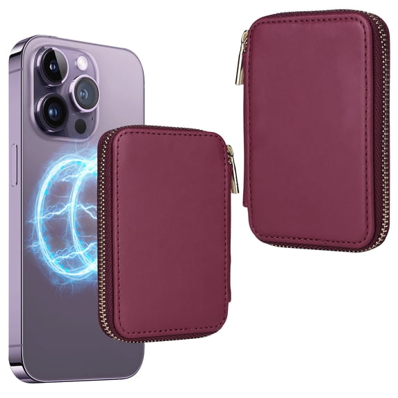 Zipper Pocket Card Slots RFID Blocking Kickstand Magnetic Back Bag, for Phone Case with Magnetic Suction, Such as for iPhone 12 13 14 15 Series, (Other Phones Come with Magnetic Rings), Winered