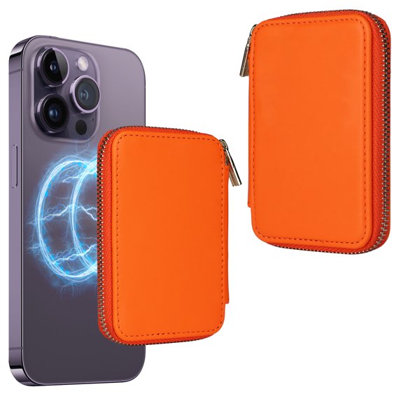 Zipper Pocket Card Slots RFID Blocking Kickstand Magnetic Back Bag, for Phone Case with Magnetic Suction, Such as for iPhone 12 13 14 15 Series, (Other Phones Come with Magnetic Rings), Orange