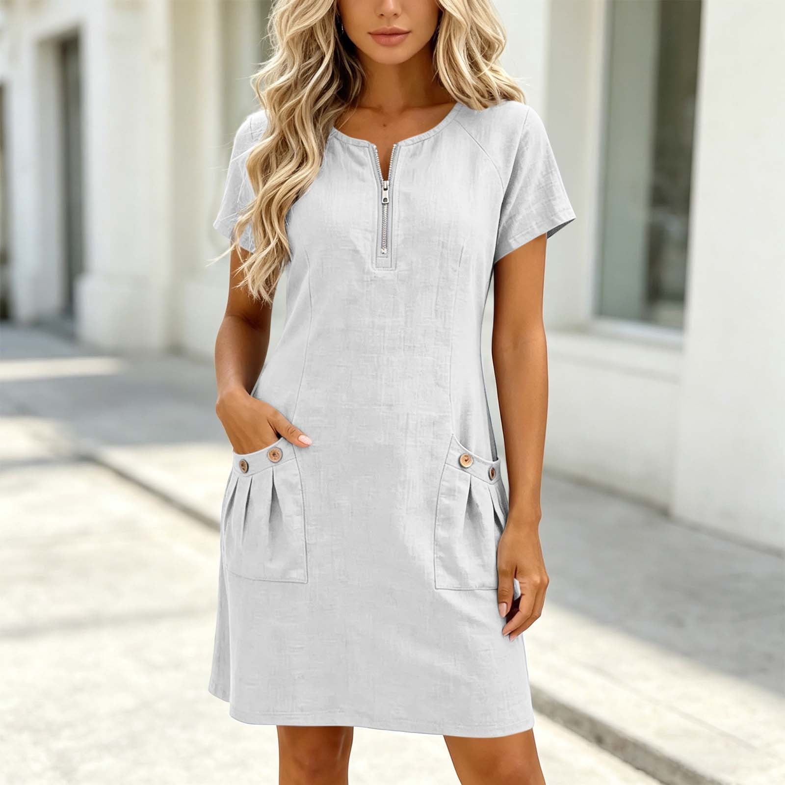 summer shift dresses knee length Zipper Pocket Linen Dress for Women Crew Neck Short Sleeve Shift Dresses  Summer Casual Knee Length Dress with Pockets