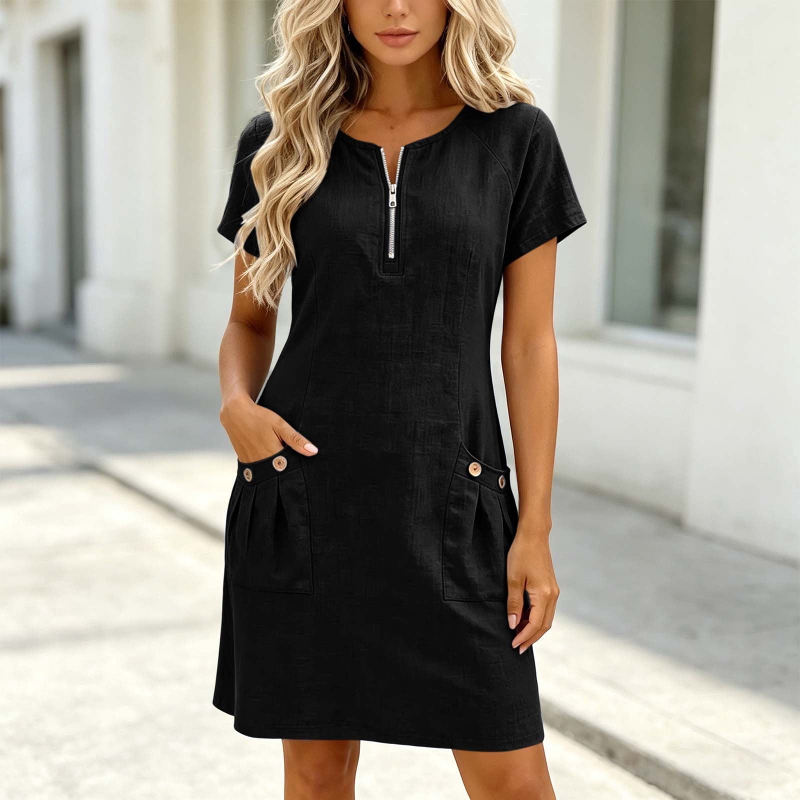 pocket dresses for women NSLGXD Womens Denim Fashion Pleated Tiered Dress Short Sleeve Turndown Collar Button Down Jean Dress Loose Fit Flowy Midi Dresses with Pockets Crew Neck Womens Summer Casual Short Sleeve
