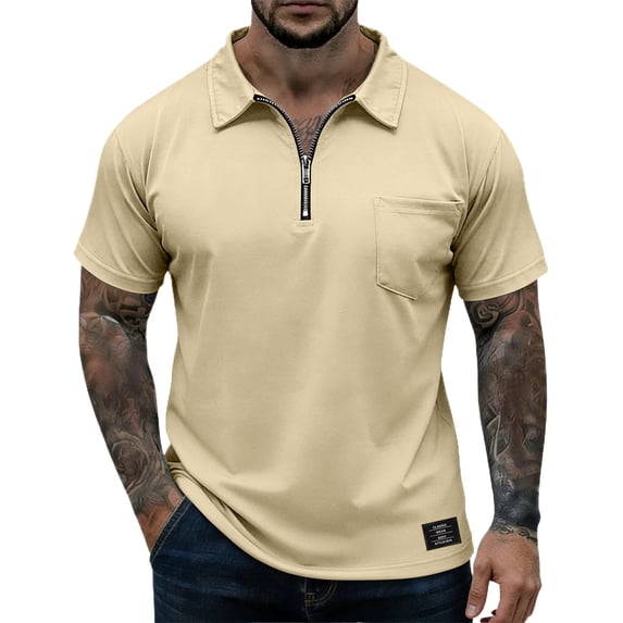 Zipper Polo Shirt Mens Casual Short Sleeve Polo T Shirt Classic Fit Shirts Khaki 3XL