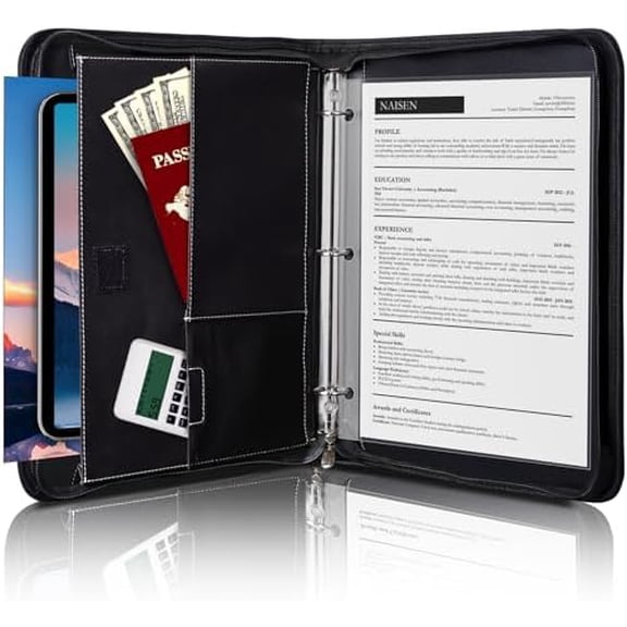 Zipper Portfolio Binder Padfolio 3 Ring Binder 1 Inch Professional Faux Leather Document Organizer Folio for Tablet, Phone, and 8.5x11 Documents, Resumes, Presentation Folders for Men & Women$$Office