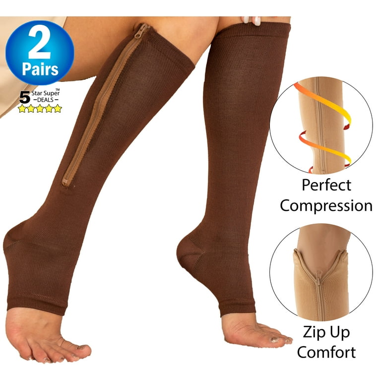 2 Pairs Open Toe thigh high Zipper Compression Socks 15-20 mmHg open toe Zipper  Compression
