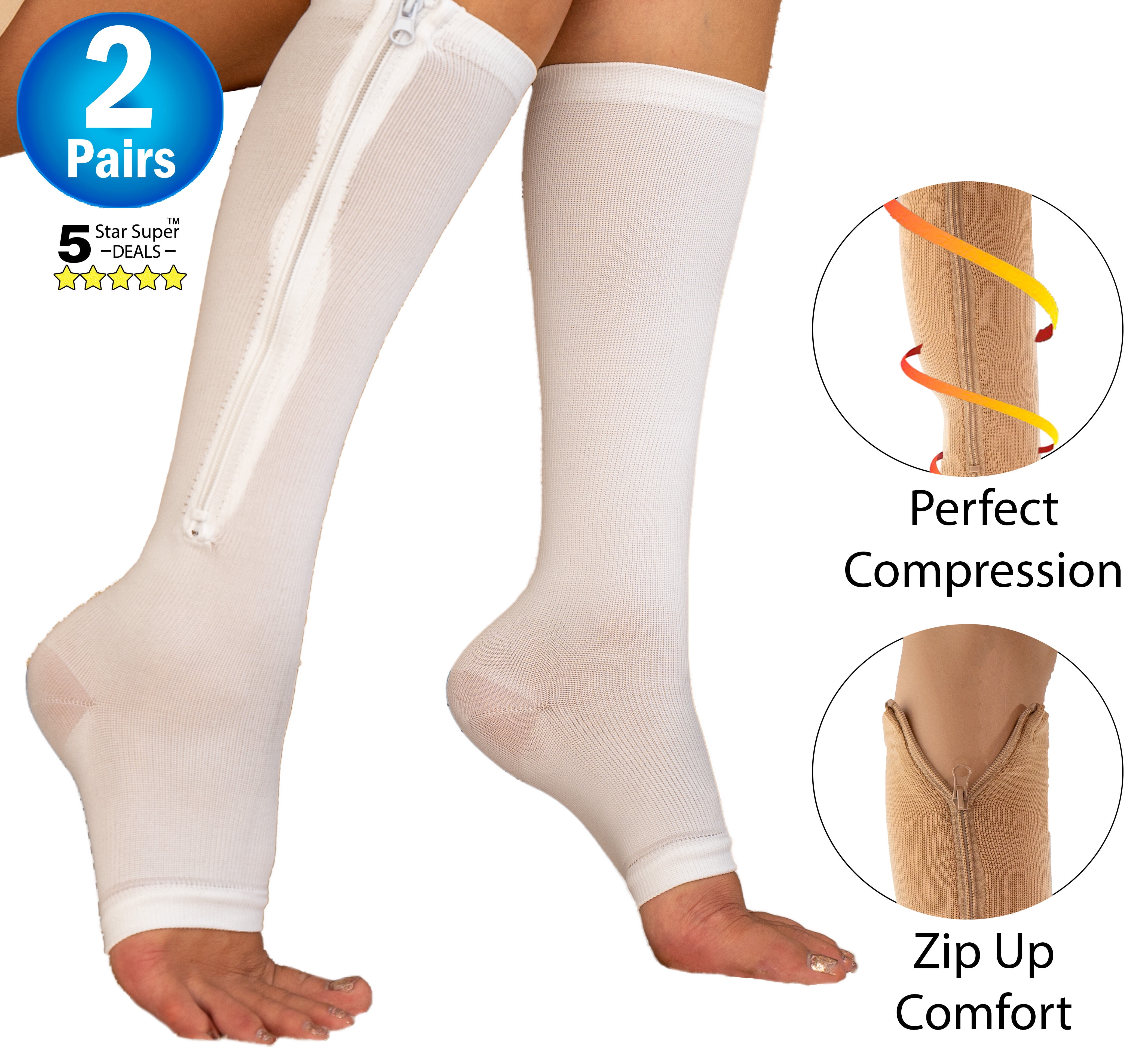 Zipper Pressure Compression Socks - Open Toe Knee High Graduated Support  Hose - Unisex - White Regular Size (2 Pairs) - 5 Star Super Deals 