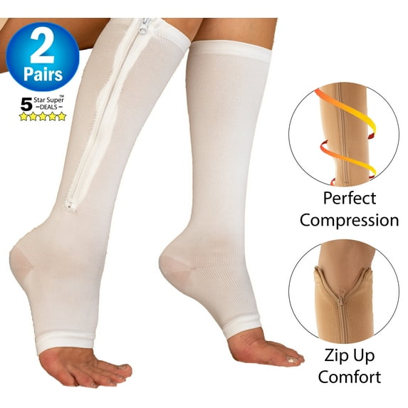 Zipper Pressure Compression Socks - Open Toe Knee High Graduated Support Hose - Unisex - White Regular Size (2 Pairs) - 5 Star Super Deals