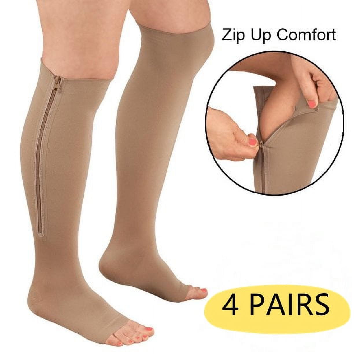Zipper Pressure Compression Socks Support Stockings Leg - Open Toe Knee  High - 20-30mmHg - Helps Circulation, Varicose Veins, Swollen Legs, Zipper  - Nude 2X-Large Size (4 Pairs) 