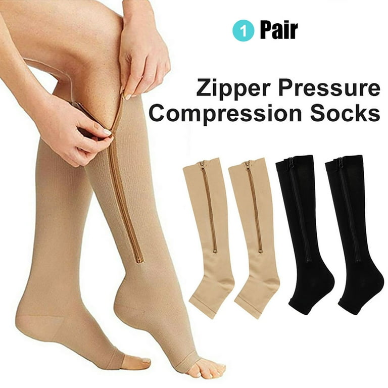 Zipper Pressure Compression Socks Support Stockings Leg - Open Toe Knee  High, Helps Circulation, Varicose Veins, Swollen Legs-Beige,L/XL