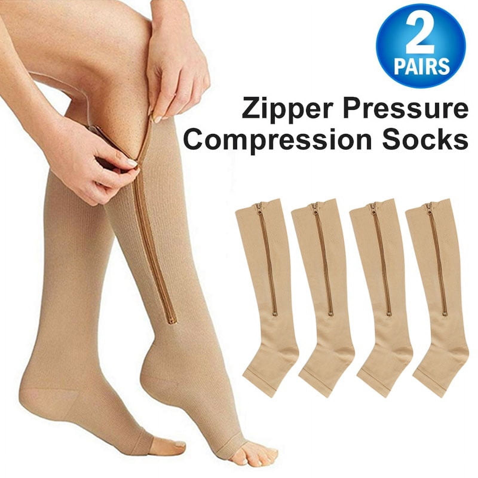 Zipper Pressure Compression Socks Support Stockings Leg - Open Toe Knee  High, Helps Circulation, Varicose Veins, Swollen Legs 