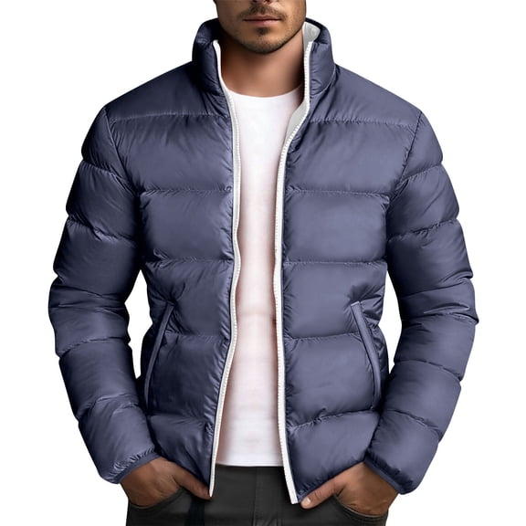 Zipper Puffer Jackets for Men Stand Collar Quilted Outerwear Lightweight Contrast Sherpa-Lined Tops Thickened Winter Warm Coat Color Block Ski Bubble Coat Casual Fashion Long Sleeve Shirts