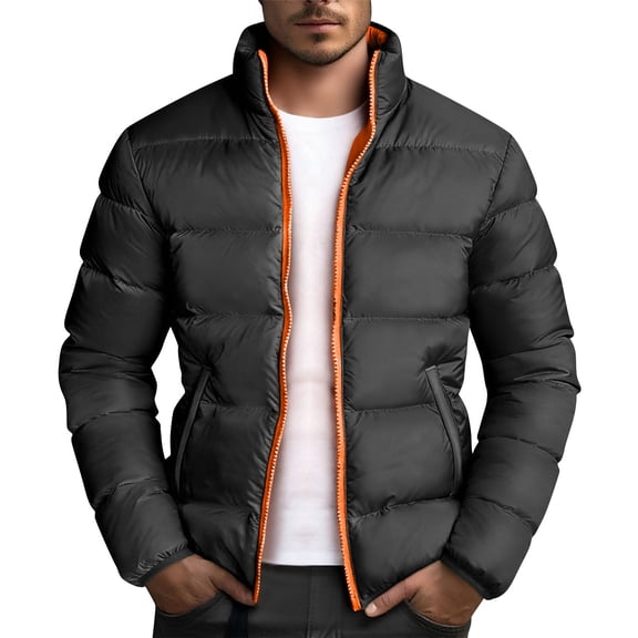 Zipper Puffer Jackets for Men Stand Collar Quilted Outerwear Lightweight Contrast Sherpa-Lined Tops Thickened Winter Warm Coat Color Block Ski Bubble Coat Casual Fashion Long Sleeve Shirts
