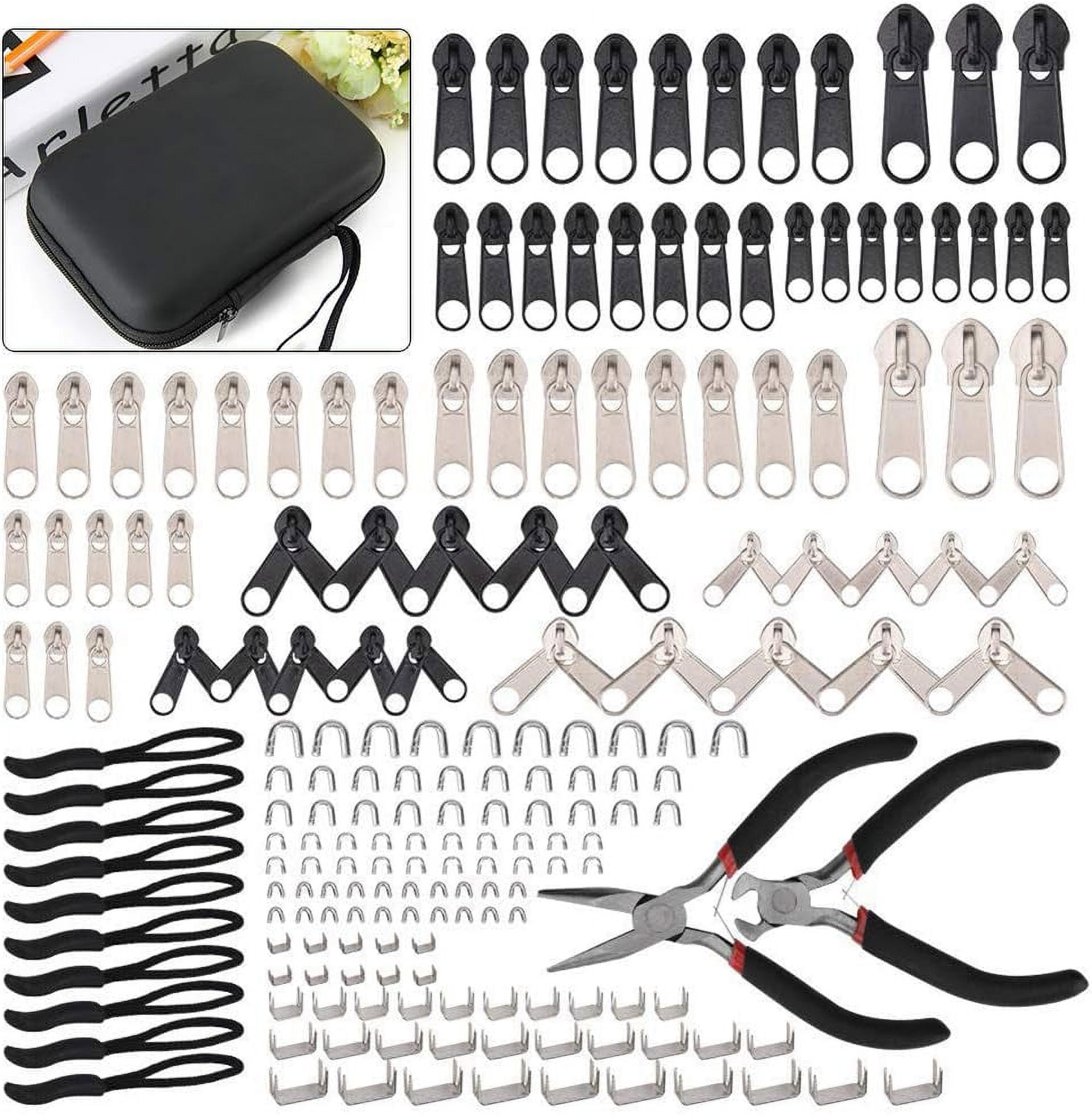 Zipper Repair Kit with Replacement Zippers [197pcs] Zipper Fix Kit & Replacement Zipper Slider Set with Pliers - Ideal for Fixing Luggage, Coats, Jean