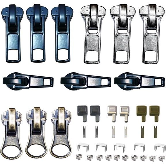 Zipper Repair Kit 39 Pcs, #5 Sliders with Pull, Metal Zippers Retainer Box,Insertion Pin 6 Sets, Replacement Zip Bottom/Top Stop, Metal, Plastic, Nylon Coil Zippers Head FIx on Jaceket