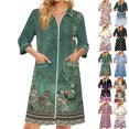 thumbnail image 1 of Zipper Robes for Women Lightweight 3/4 Sleeve Summer Bathrobes for Women Zip Up Front Knee Length Vintage Floral Print Trendy Sleepwear Nightgown with Pockets Green L, 1 of 8