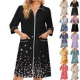 thumbnail image 1 of Zipper Robes for Women Lightweight 3/4 Sleeve Womens Bathrobe Zip Up Front Knee Length Vintage Floral Print Plus Size Sleepwear Nightgown with Pockets Black XXXL, 1 of 8